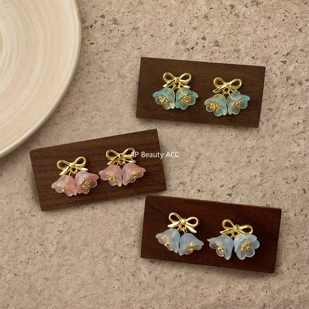 C관 - 14K 도금 925 은침 핸드메이드 은방울꽃 리본 플라워 귀걸이 [5596-5598] 25.02-3