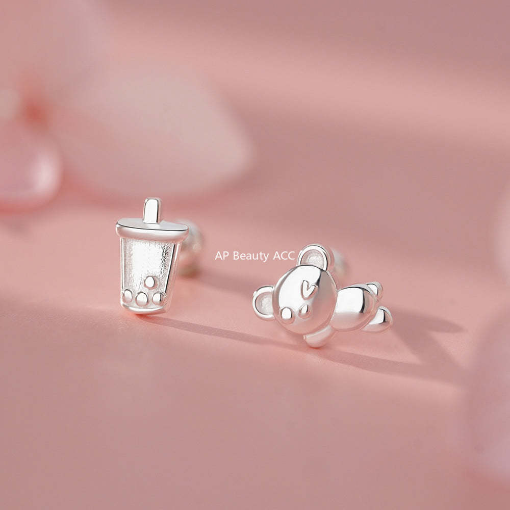 B관 - 999 실버 곰 밀크티 모양 피어싱 귀걸이 [YC9310E_1] 25.11-4