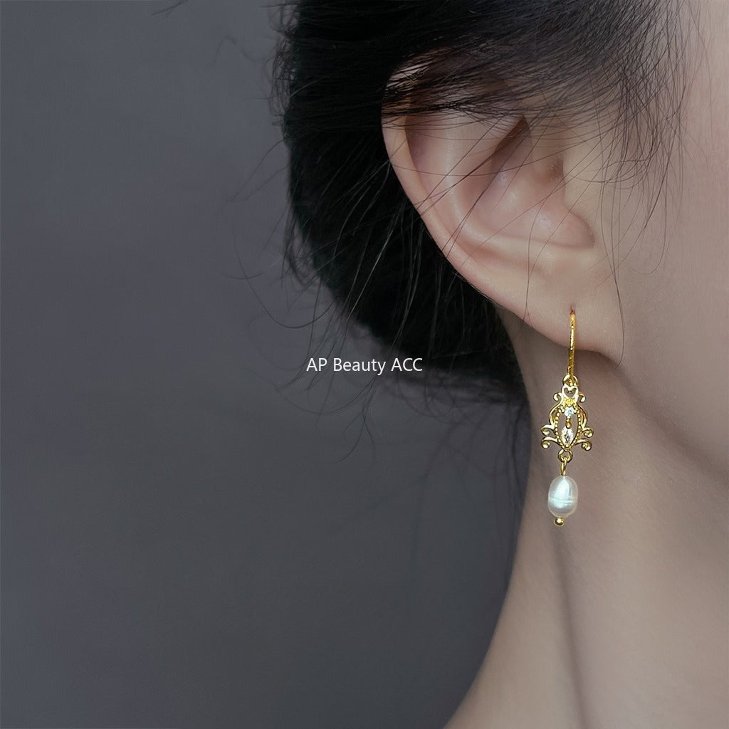 C관 - 14K 도금 담수진주 큐빅 프렌치 디자인 후크형 귀걸이 [6893] 25.10-2