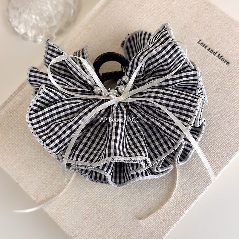 E관 - 체크 러플형 리본 대형 빈티지 집게핀 [27527] 25.10-1