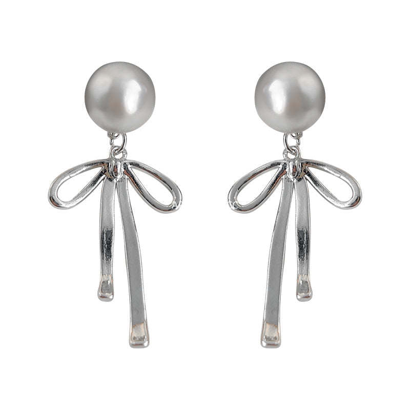 C관 - 진회색 진주 리본 디자인 2-way 착용 은침 귀걸이 [3561] 24.01-2