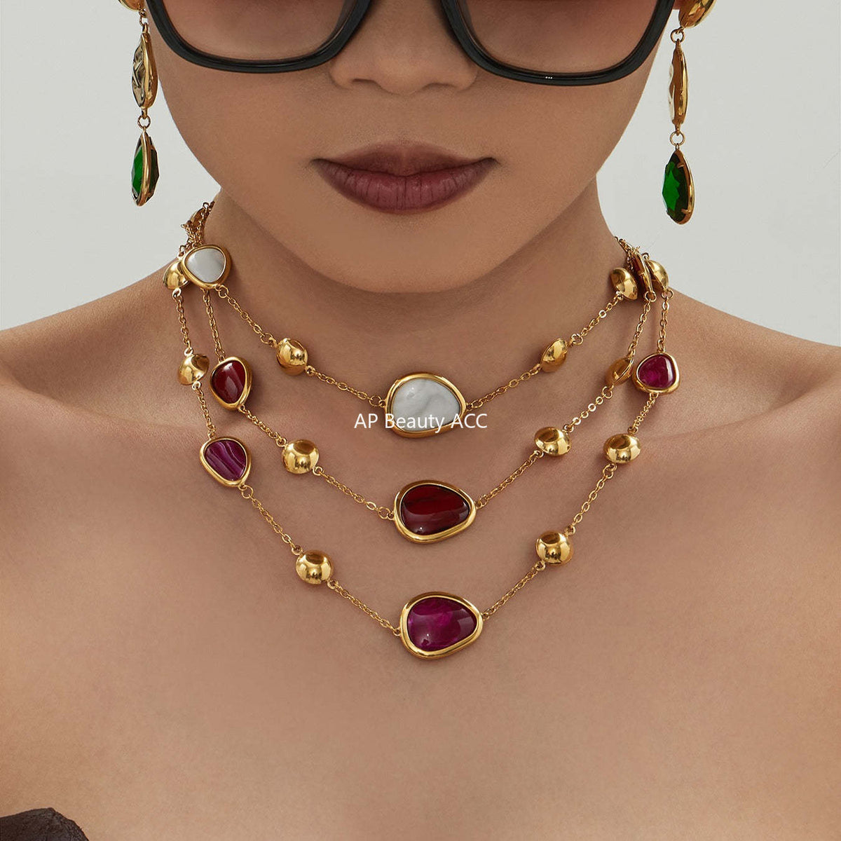 D관 - 컬러 레진 큐빅 하트 18K 도금 스테인리스 스틸 목걸이 팔찌 [TXP515] 25.12-2