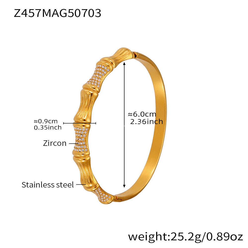 D관 - 대나무 물결 디자인 큐빅 스테인리스 스틸 18K 도금 팔찌 [Z454] 25.07-2