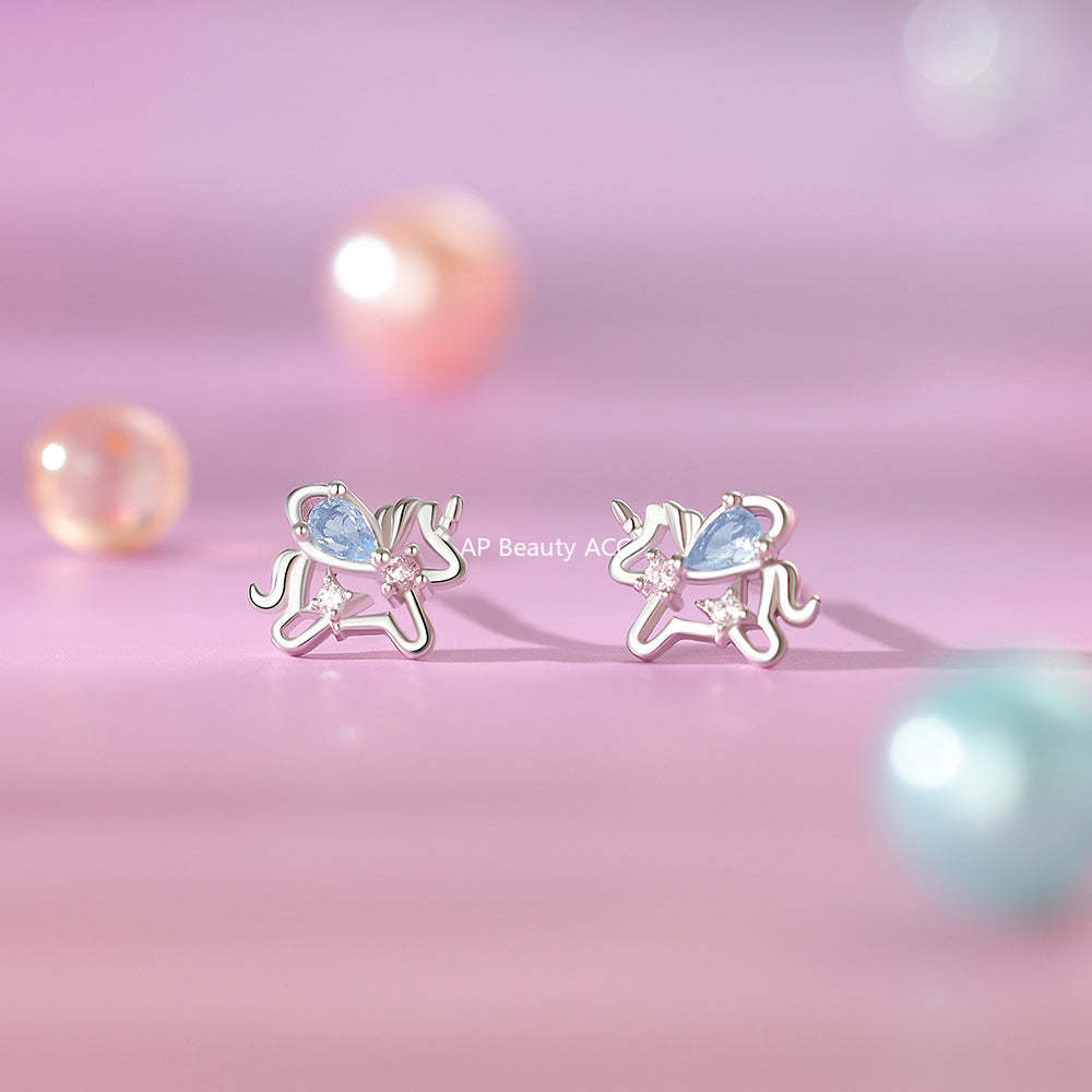 B관 - 999 실버 컬러 큐빅 유니콘 모양 귀걸이 [YC4943E_1] 25.12-3