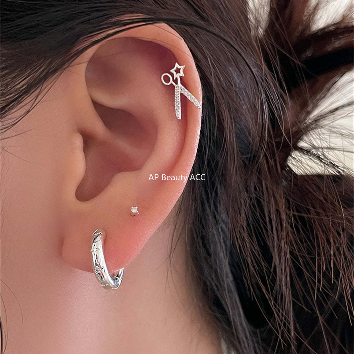 A관 - 925 은침 가위 모양 별 큐빅 스터드 링 귀걸이 [EH-4005] 25.09-4