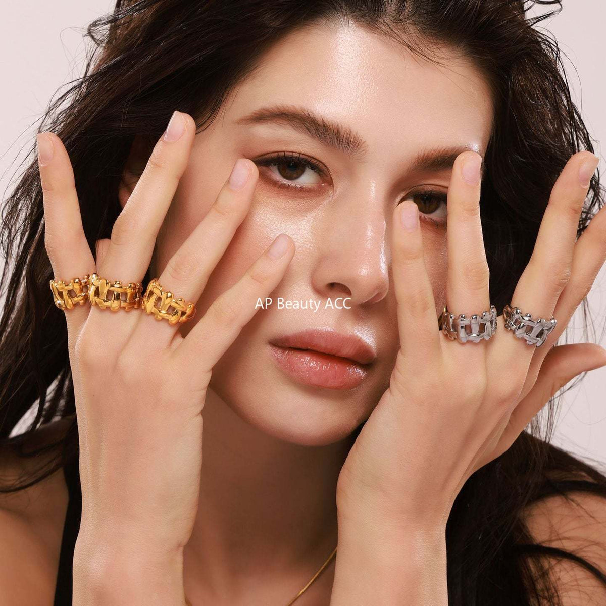 D관 - 체크 패턴 스테인리스 스틸 18K 도금 오픈형 반지 [A137] 25.02-3