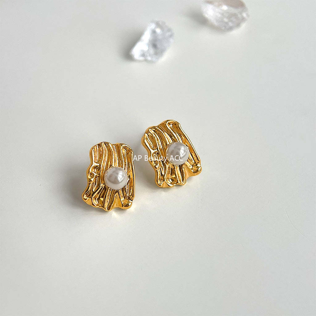 C관 - 기하학 텍스처 14K 도금 진주 심플 세련된 귀걸이 [4399] 24.07-1