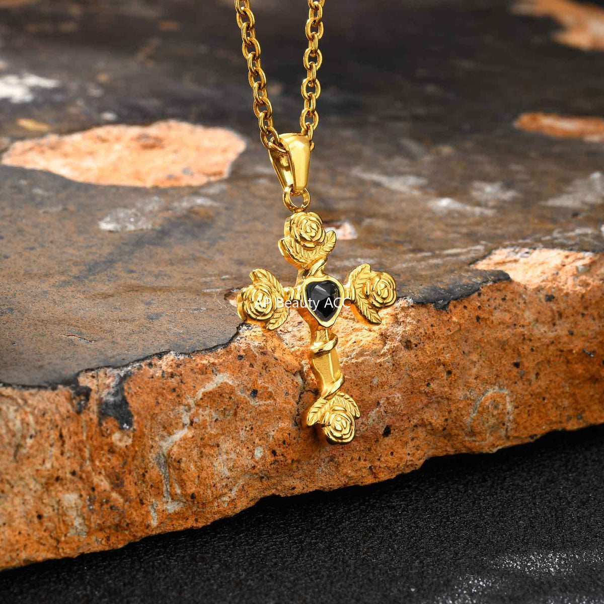 G관 - 스테인리스 스틸 하트 큐빅 장미 십자가 펜던트 목걸이 [PN-2240] 25.10-4