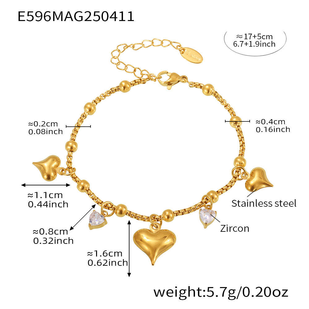 D관 - 하트 큐빅 펜던트 볼 스테인리스 스틸 18K 도금 팔찌 [E596] 25.04-3