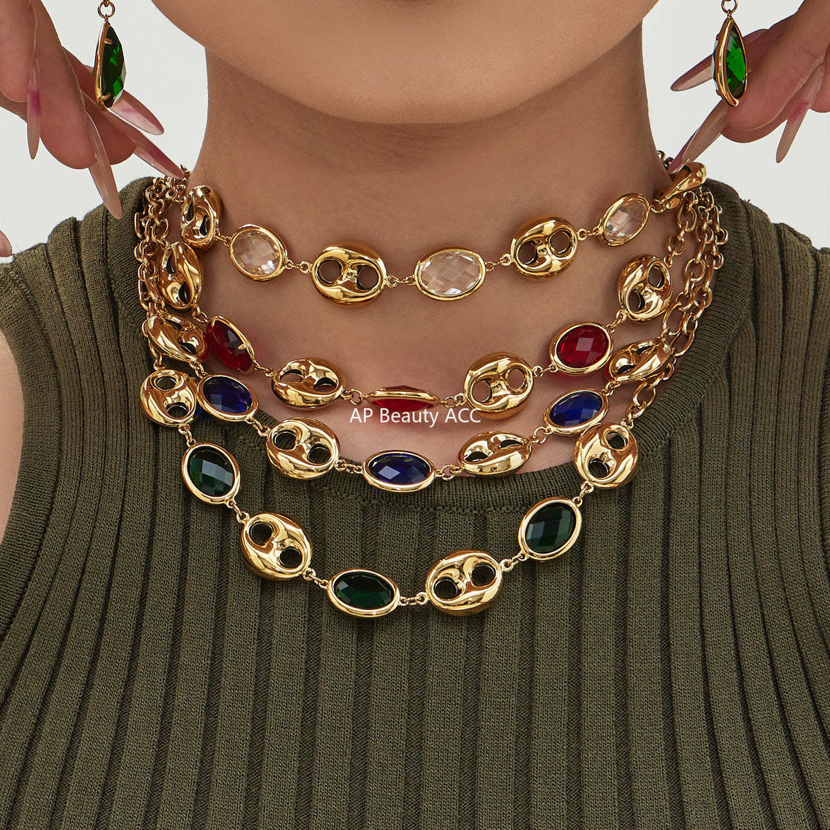 D관 - 돼지코 글라스 스톤 18K 도금 스테인리스 스틸 목걸이 팔찌 [TXP514] 25.12-2