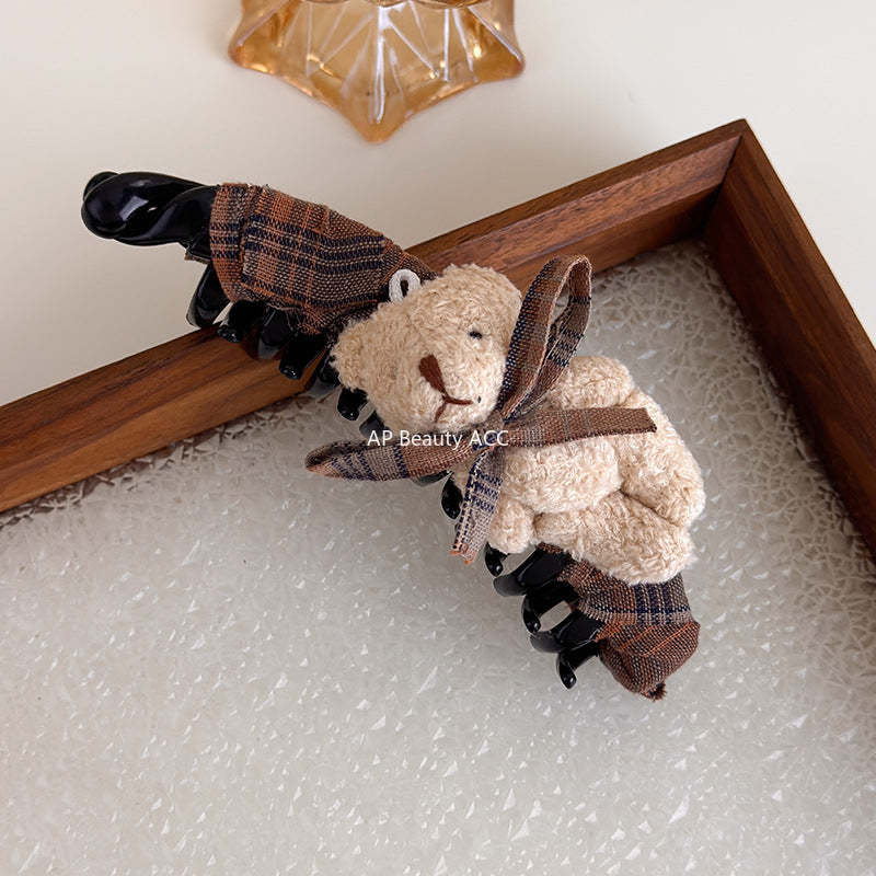 E관 - 체크 패브릭 리본 곰돌이 대형 집게핀 [27722] 25.11-4