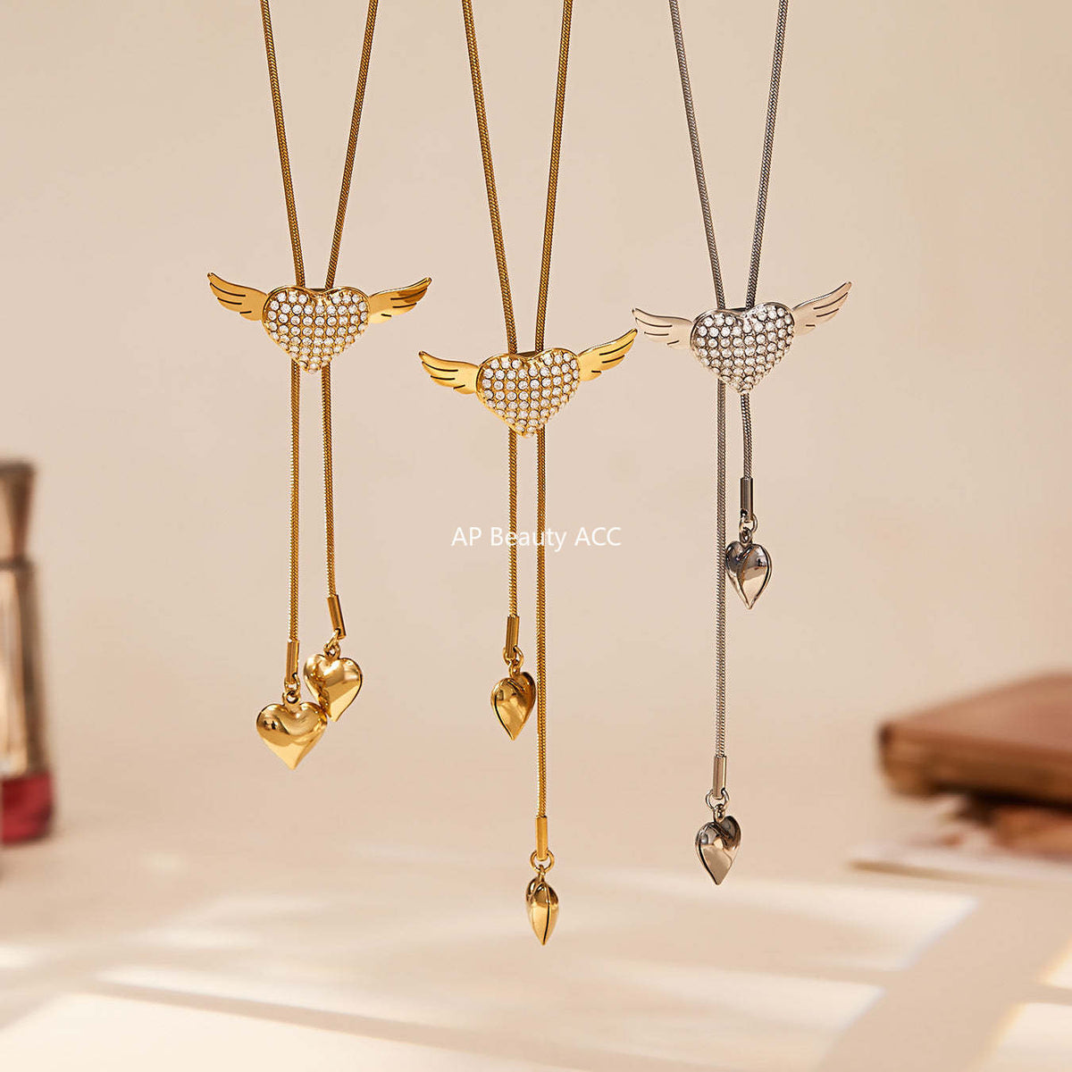 D관 - 큐빅 하트 날개 태슬 조절형 스테인리스 스틸 목걸이 [P1870] 25.11-3