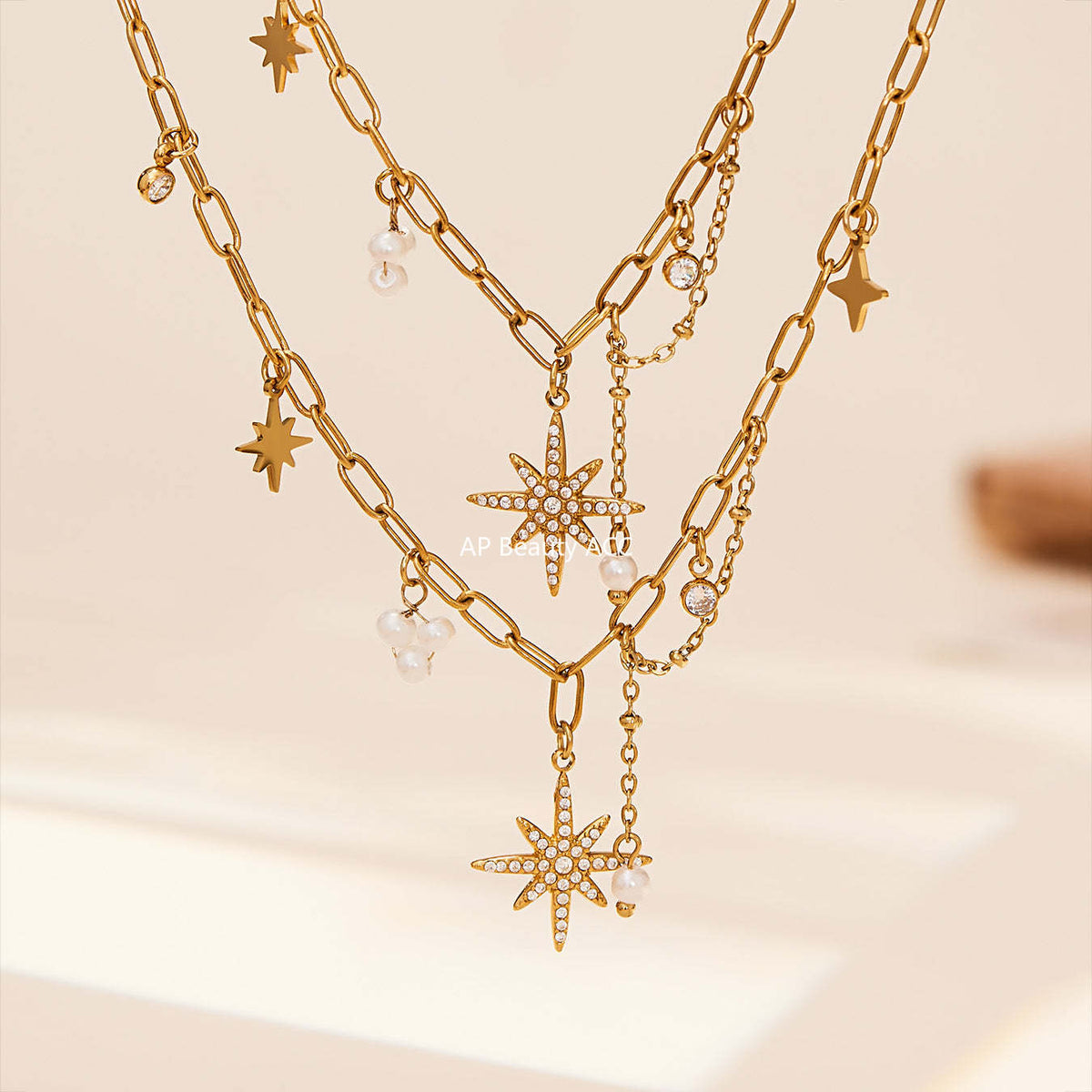 D관 - 스테인리스 스틸 팔각별 큐빅 펜던트 18K 도금 핸드메이드 목걸이 [P1154] 25.11-4