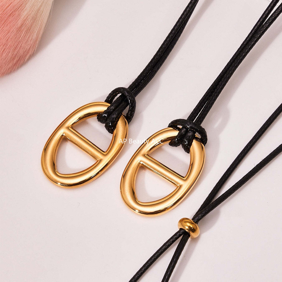 D관 - 돼지코 펜던트 레더 스트랩 스테인리스 롱 목걸이 [P1701] 25.11-3