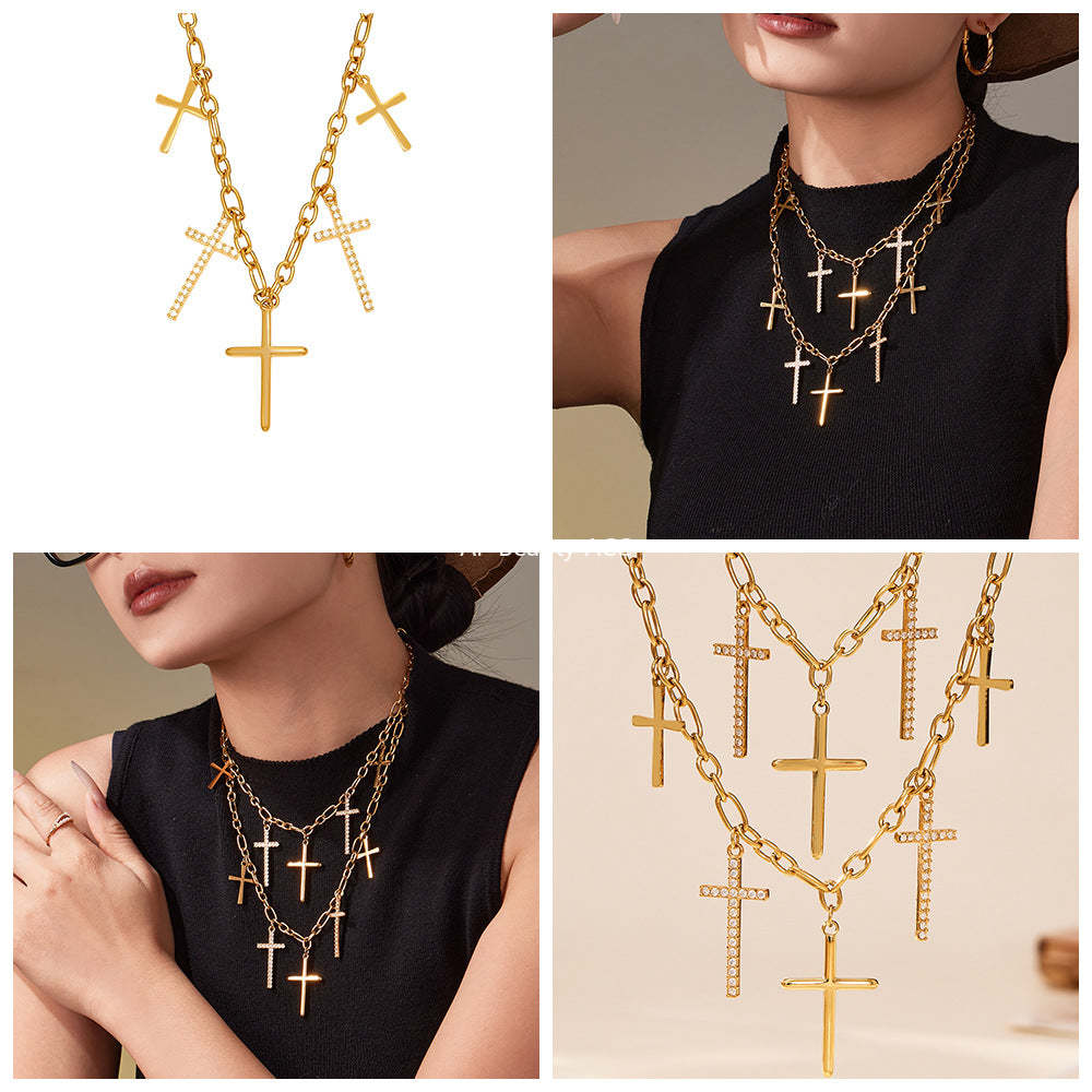 D관 - 큐빅 십자가 스테인리스 18K 도금 목걸이 [P1346] 25.11-3