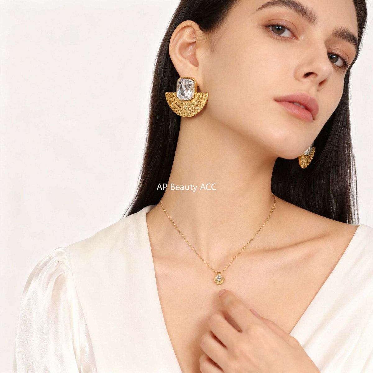 D관 - 스테인리스 스틸 글라스 스톤 부채 모양 귀걸이 목걸이 [F1153-P1690] 25.12-1