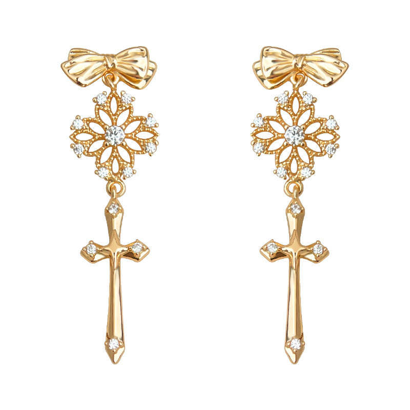 C관 - 925 은침 14K 도금 레이스 십자가 리본 귀걸이 [6828] 25.09-4