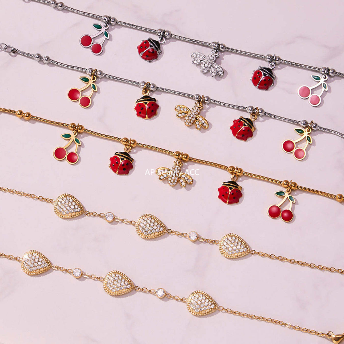 D관 - 스테인리스 스틸 큐빅 벌 체리 물방울 멀티 펜던트 팔찌 [E130-E160] 25.10-5