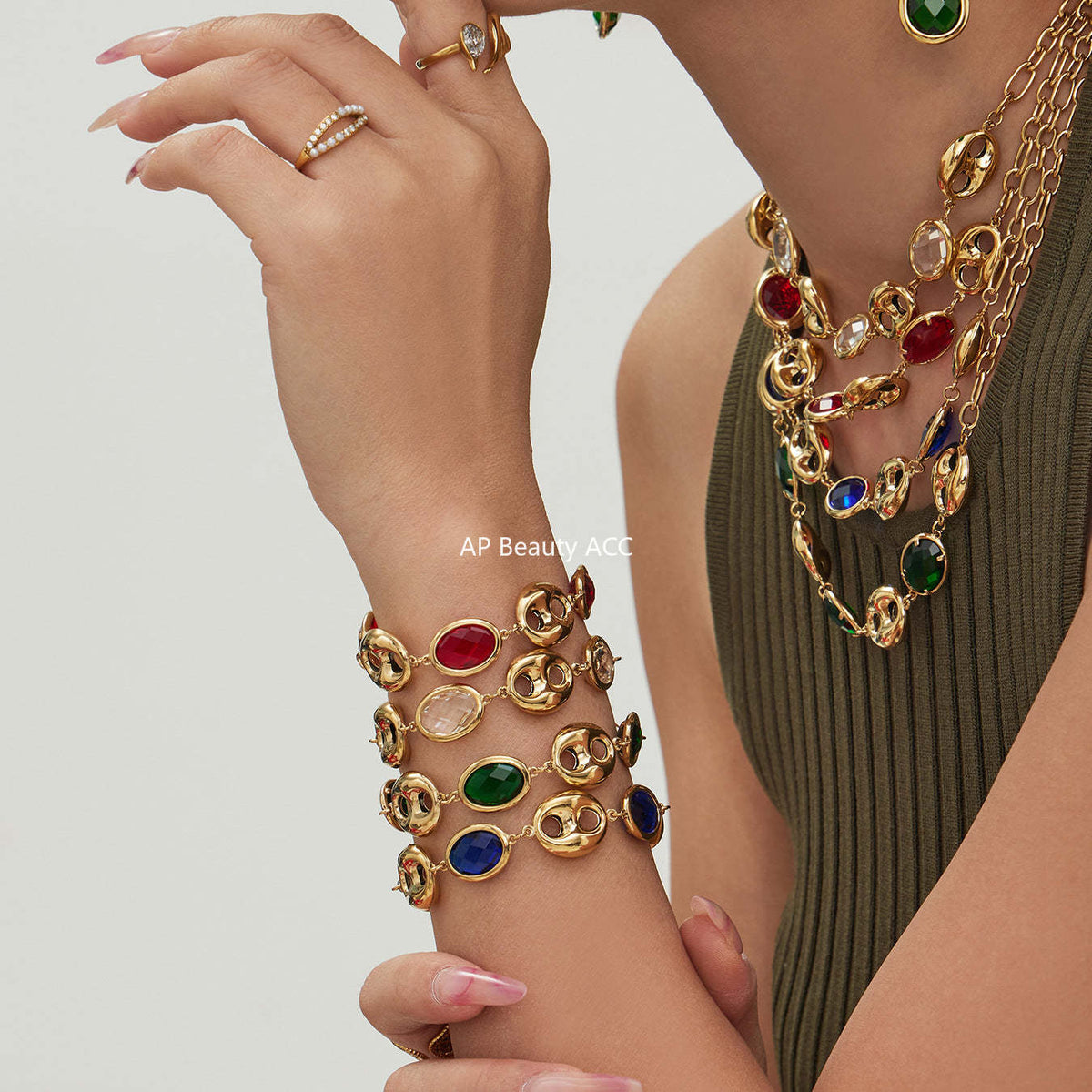 D관 - 돼지코 글라스 스톤 18K 도금 스테인리스 스틸 목걸이 팔찌 [TXP514] 25.12-2