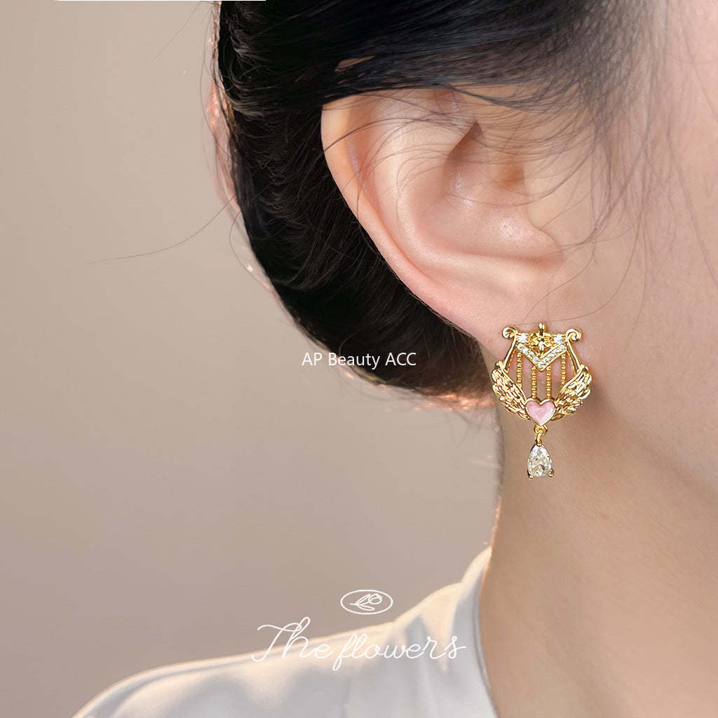 C관 - 하프 모양 하트 물방울 큐빅 925 은침 귀걸이 [7198] 25.12-1