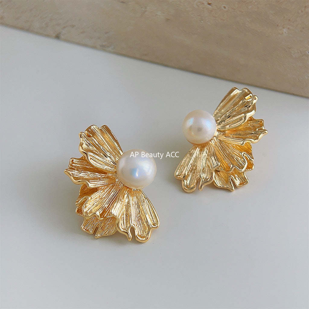 C관 - 14K 도금 담수 진주 꽃 모양 우아한 귀걸이 [4136] 24.06-1