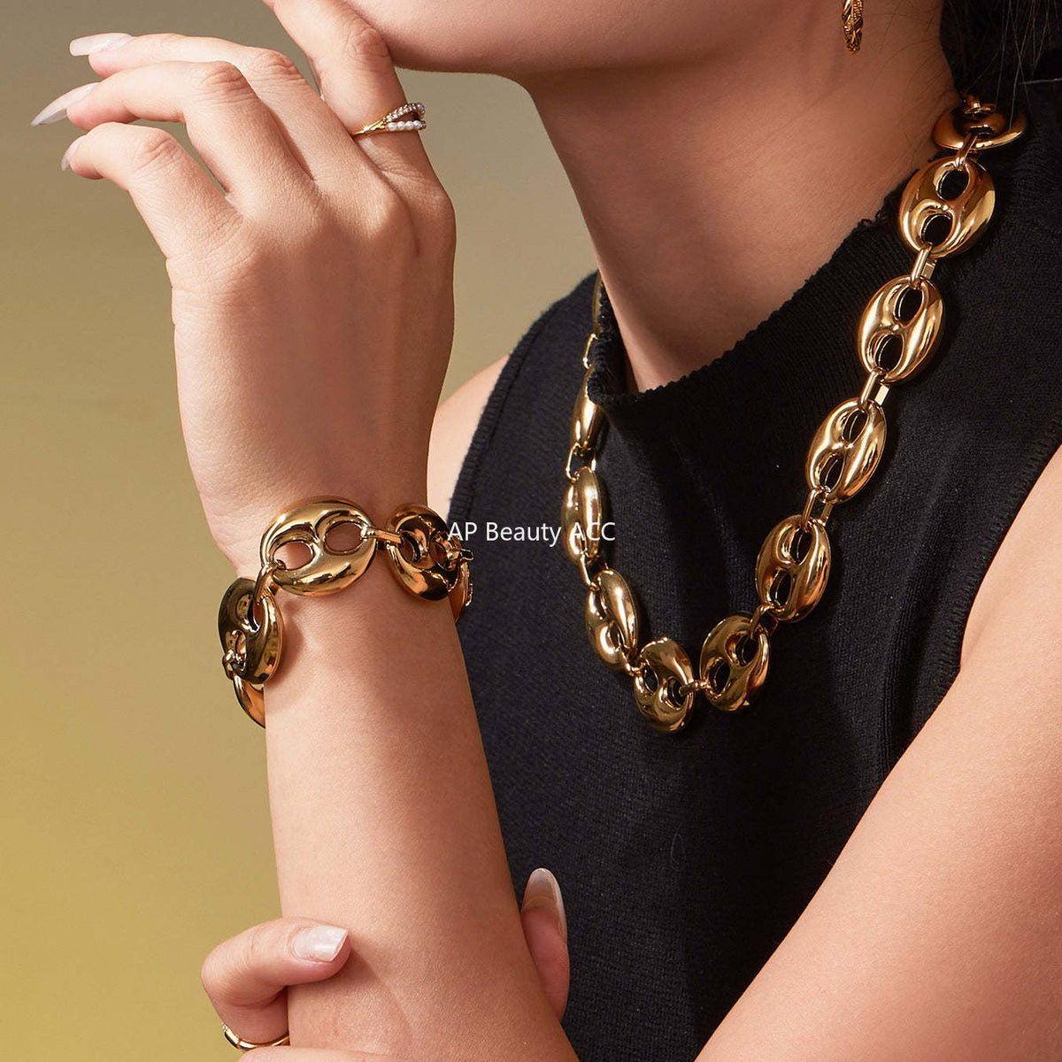 D관 - 타원형 돼지코 모양 체인 18K 도금 스테인리스 목걸이 팔찌 [TXP466] 25.11-3