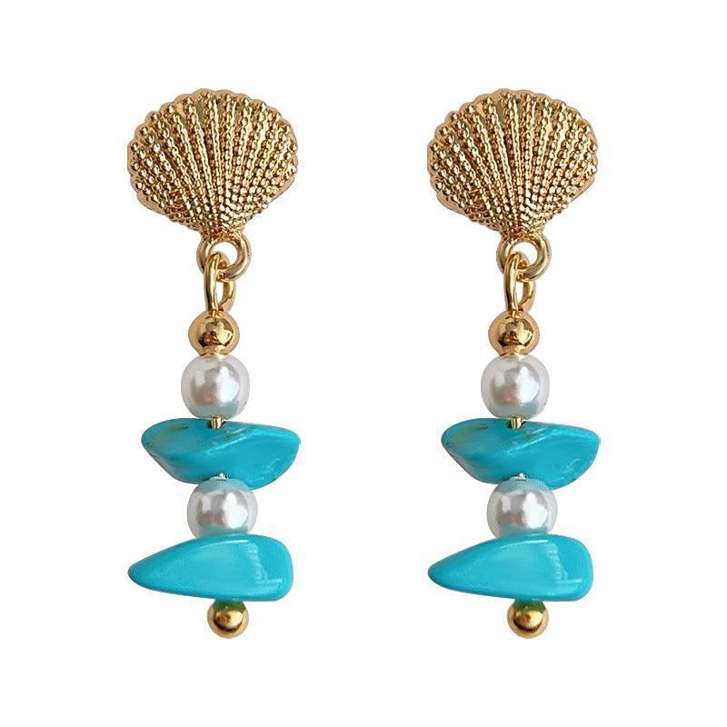C관 - 14K 도금 오리지날 디자인 핸드 메이드 조개 합성 터키석 은침 귀걸이 [3634] 24.03-4