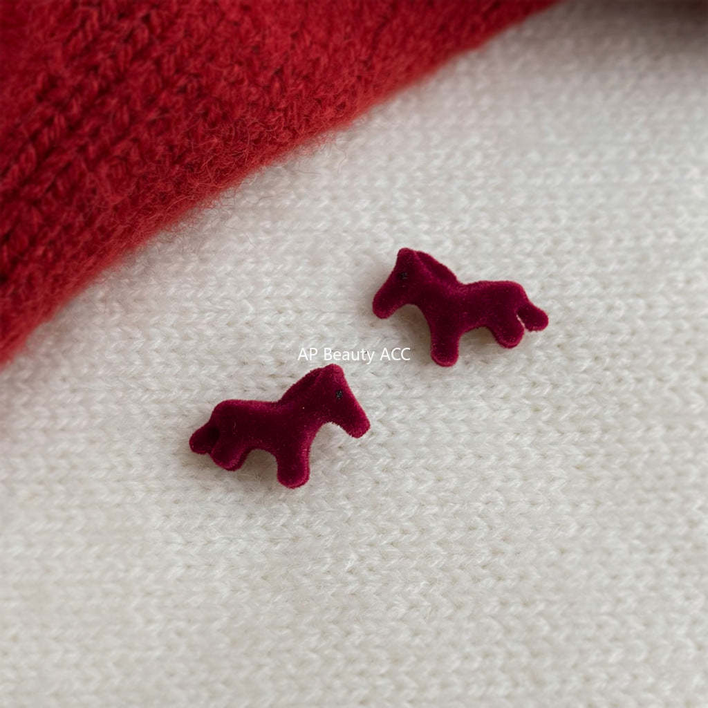 C관 - 벨벳 와인레드 말 모양 925 은침 귀걸이 [7188] 25.12-1