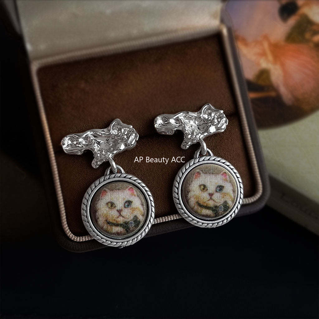 C관 - 핸드페인팅 레진 고양이 925 은침 귀걸이 [6974] 25.10-5