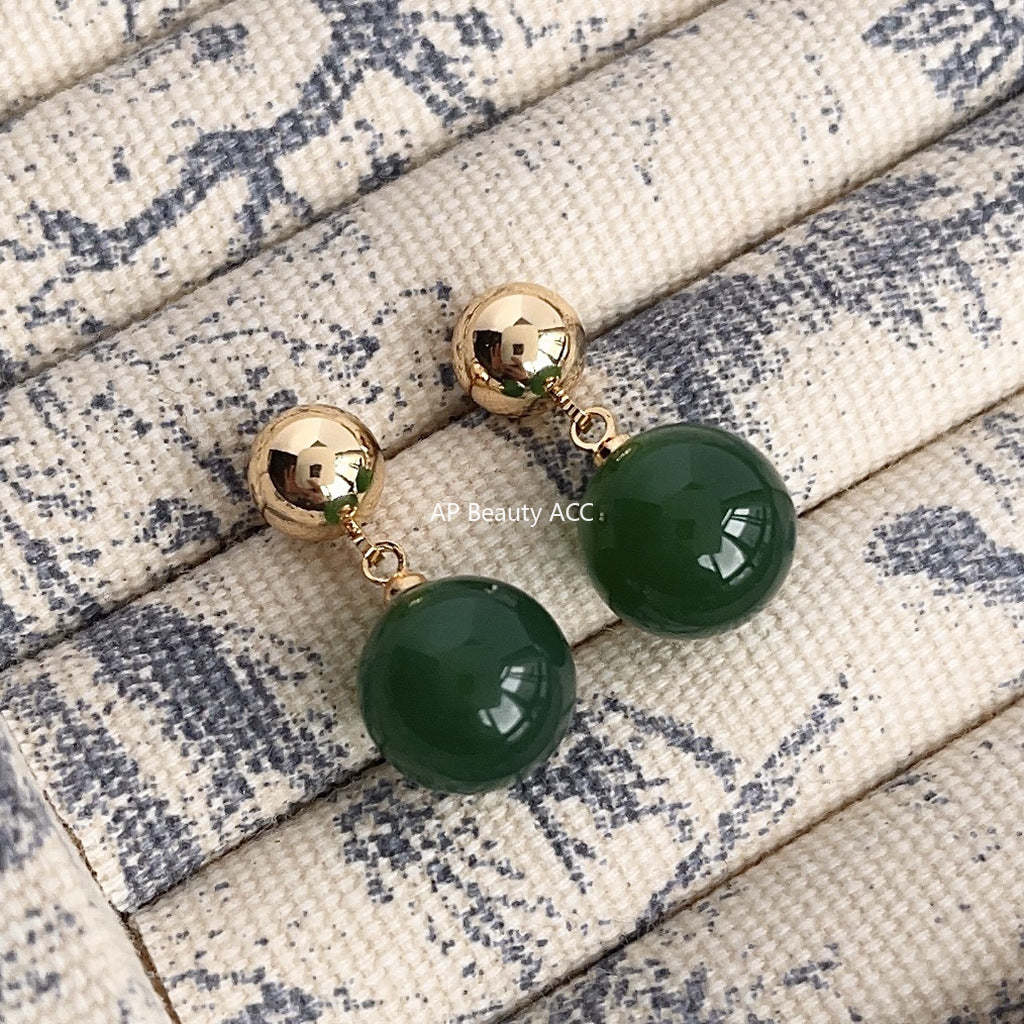 C관 - 업그레이드 14K 도금 자연석 그린 마노 고급스러운 원형 귀걸이 [3898] 24.04-4