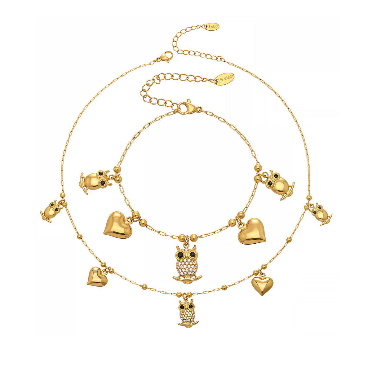 D관 - 스테인리스 스틸 18K 도금 부엉이 하트 큐빅 펜던트 목걸이 팔찌 [TXP528] 25.12-3