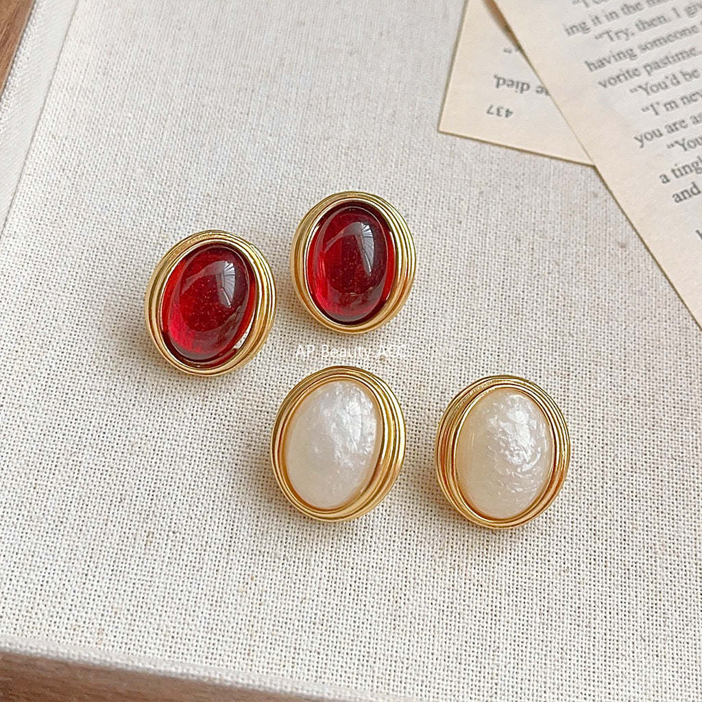 C관 - 프렌치 레트로 홍콩 스타일 와인 레드 타원형 14K 도금 무광 귀걸이 [3570-3571] 24.01-2