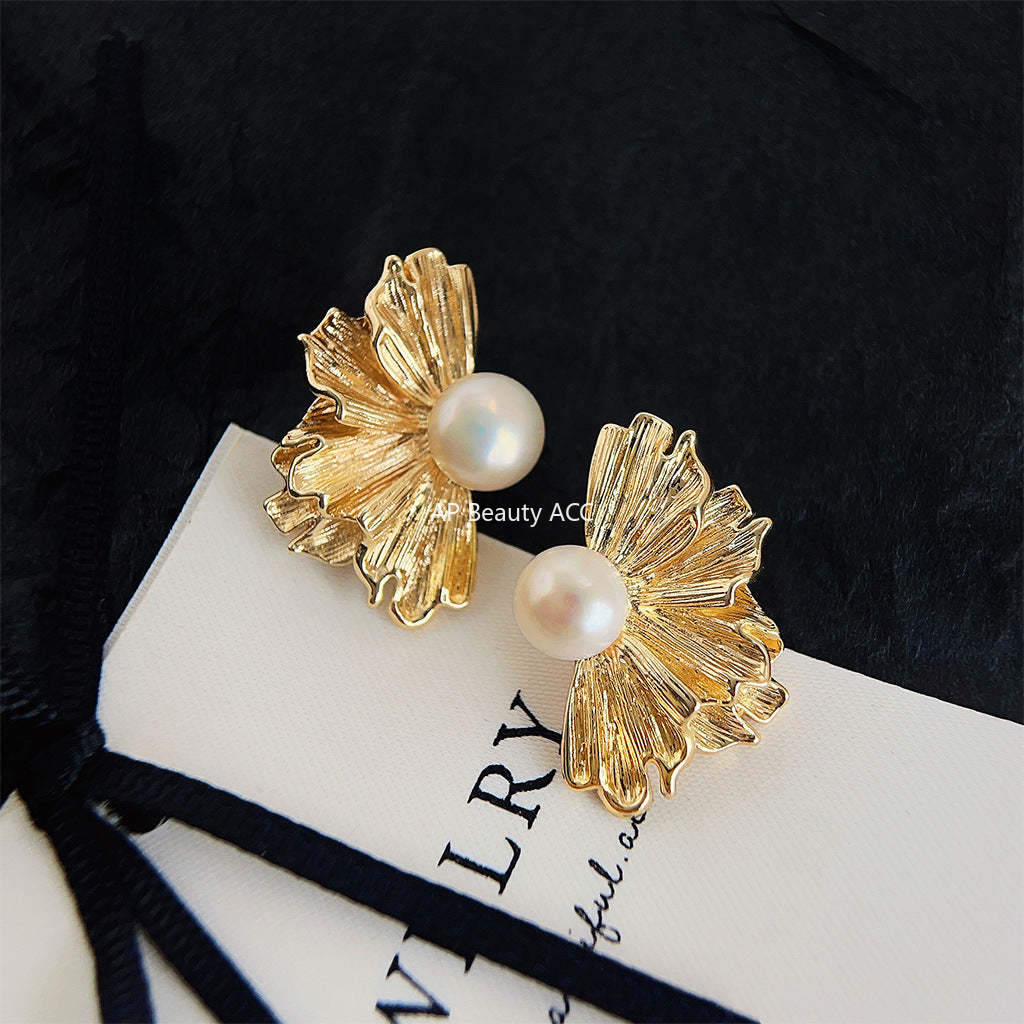 C관 - 14K 도금 담수 진주 꽃 모양 우아한 귀걸이 [4136] 24.06-1