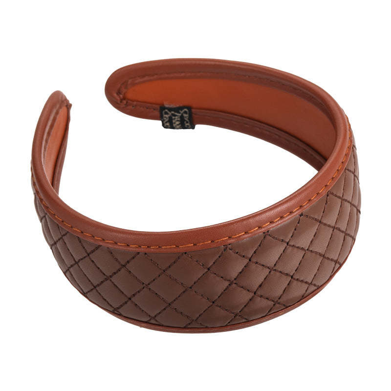 E관 - 브라운 PU 가죽 체크 패턴 와이드 머리띠 [27603] 25.10-4