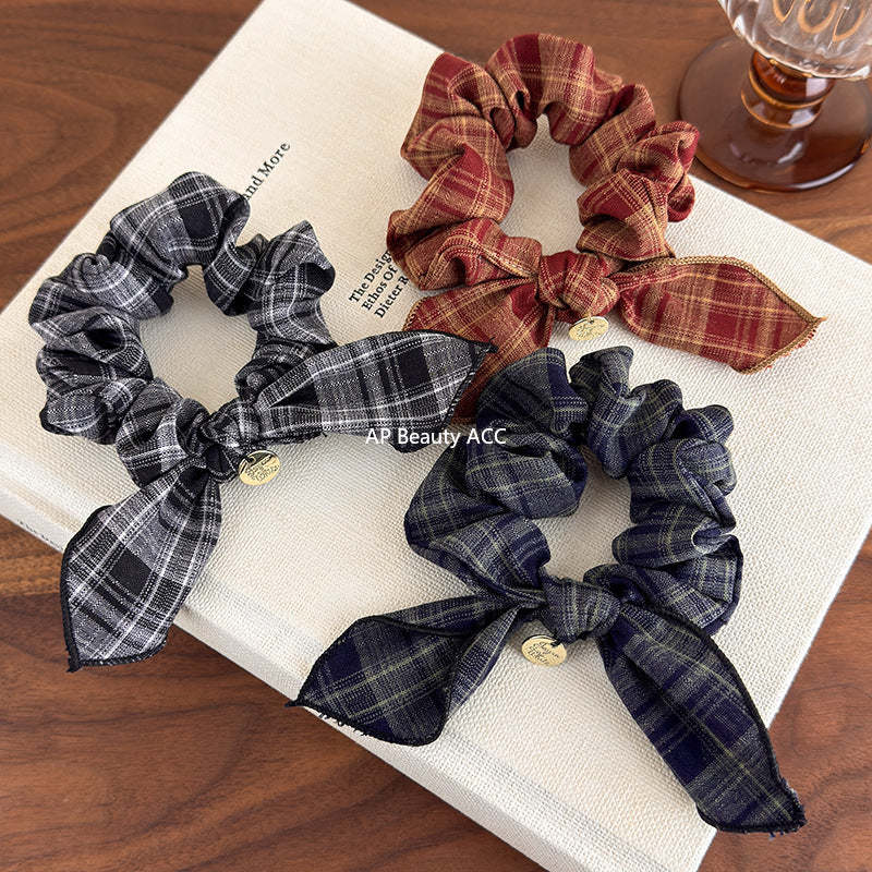 E관 - 레트로 체크 리본 머리끈 모양 곱창 헤어밴드 [27646] 25.11-1