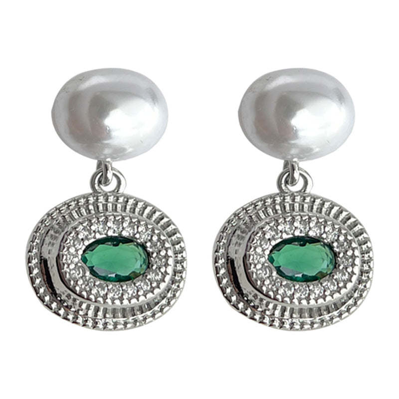 C관 - 큐빅 오벌 에메랄드 실버 비대칭 독창적 귀걸이 [4405] 24.07-1