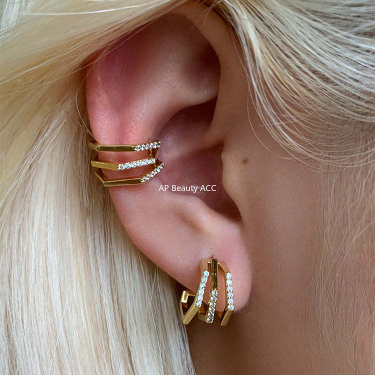 A관 - 멀티 레이어 큐빅 925 은침 스터드 이어커프 귀걸이 [EH-4292] 25.12-3