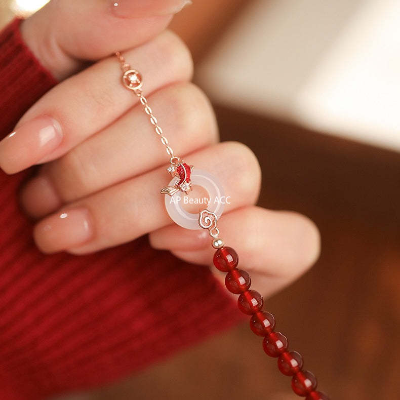 B관 - 999 실버 홍마노 백옥 잉어 모양 목걸이 귀걸이 팔찌 [YC3379E_1 YC2289N_1 YC5110SL_1] 25.12-2