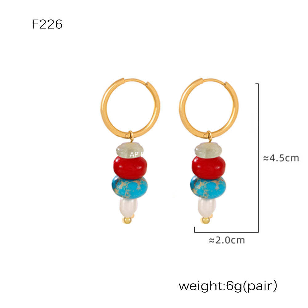 D관 - 티타늄 스틸 원형 천연석 진주 태슬 귀걸이 [F1230] 24.12-4