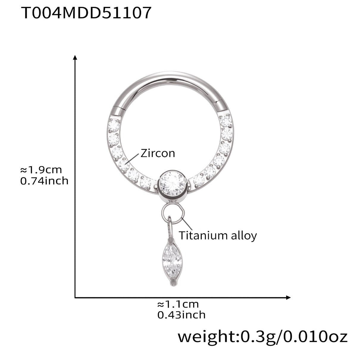 D관 - 티타늄 합금 스틸 큐빅 심리스 링 코 피어싱 [T001] 25.11-2