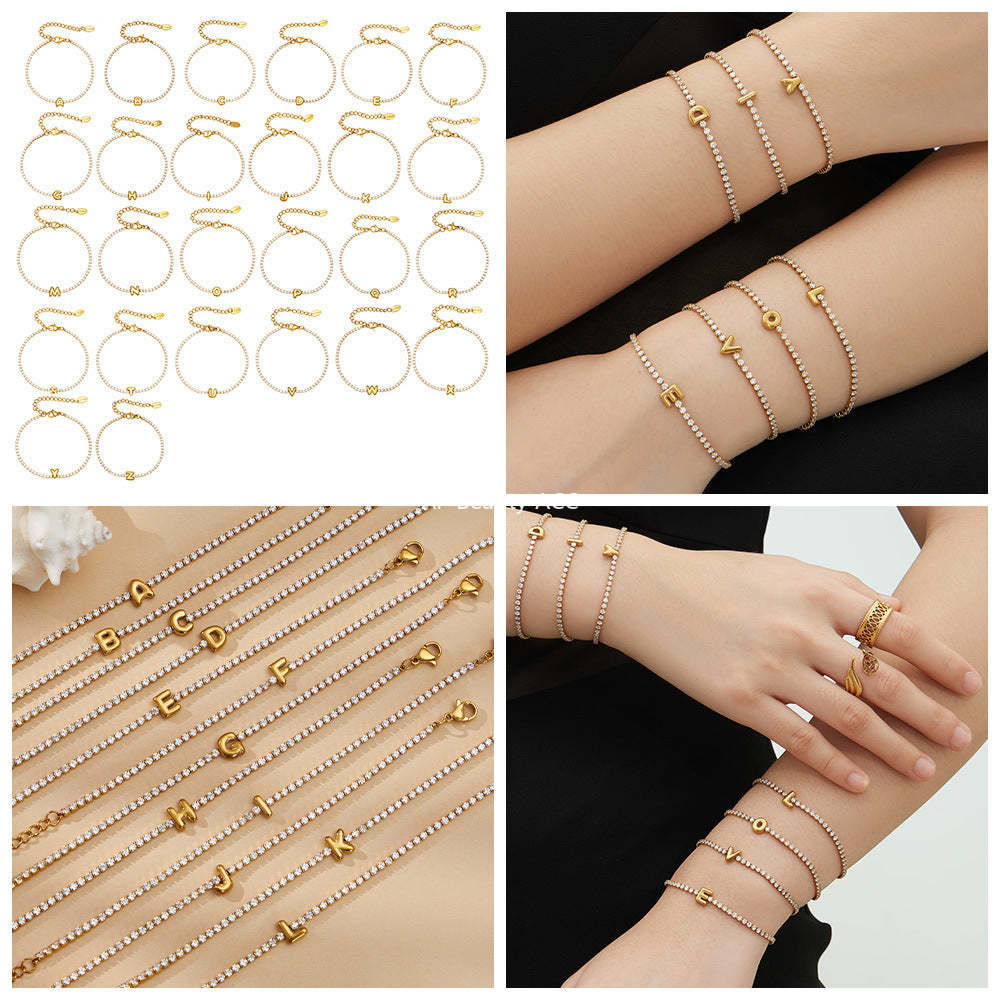 D관 - 스테인리스 스틸 18K 도금 알파벳 큐빅 팔찌 [RE023] 25.12-3