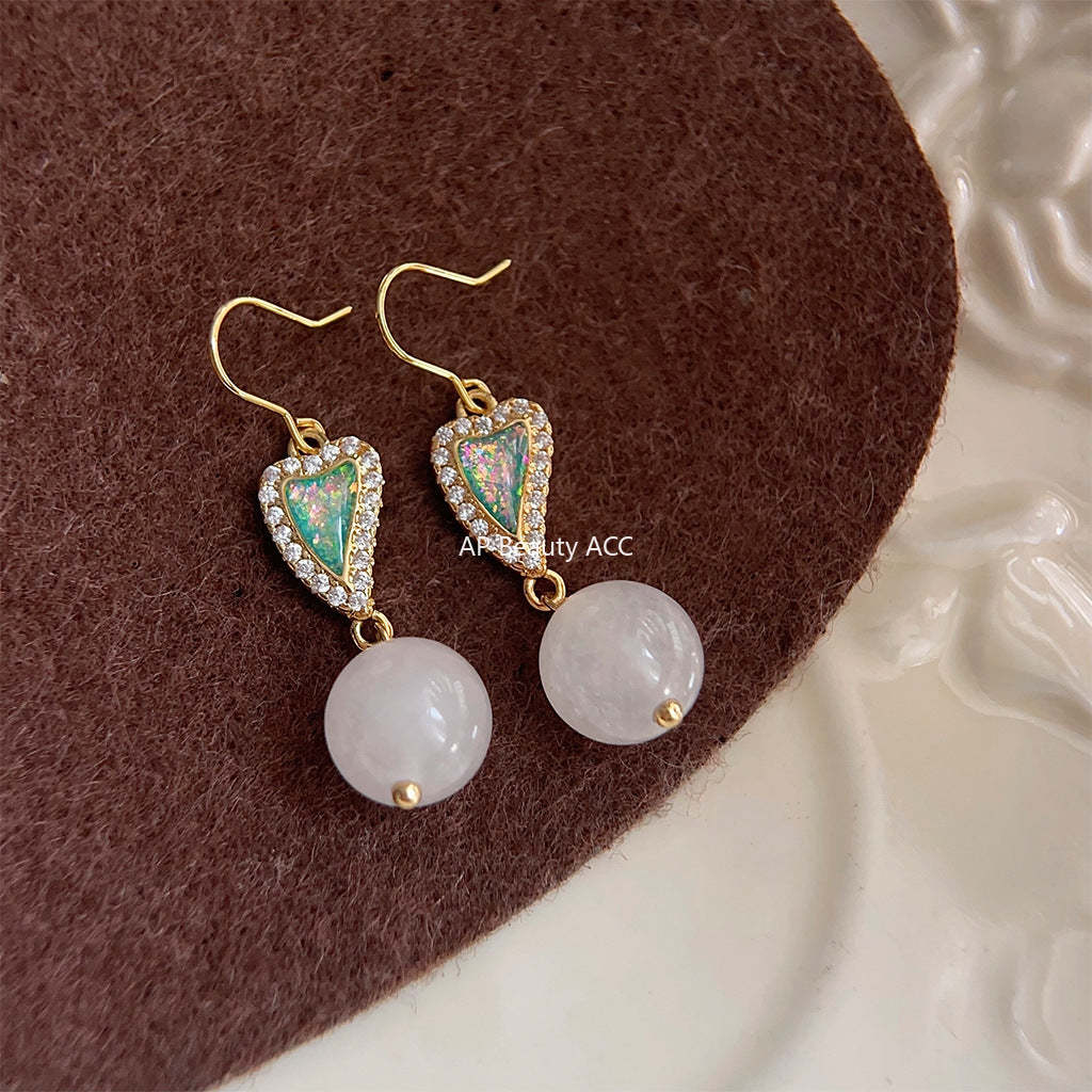 C관 - 14K 도금 프렌치 복고풍 수공예 디자인 우아한 미니 큐빅 백옥 귀걸이 [3834] 24.04-4