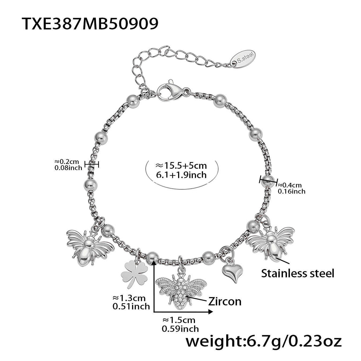 D관 - 18K 도금 스테인리스 스틸 큐빅 벌 클로버 펜던트 목걸이 팔찌 [TXP387-TXE387] 25.09-2