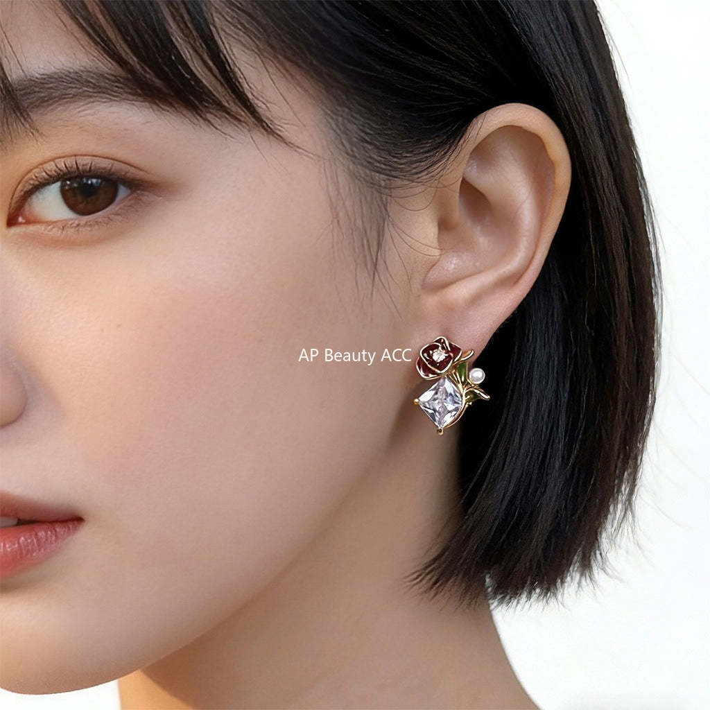 C관 - 장미 플라워 큐빅 925 은침 귀걸이 [7225] 25.12-2