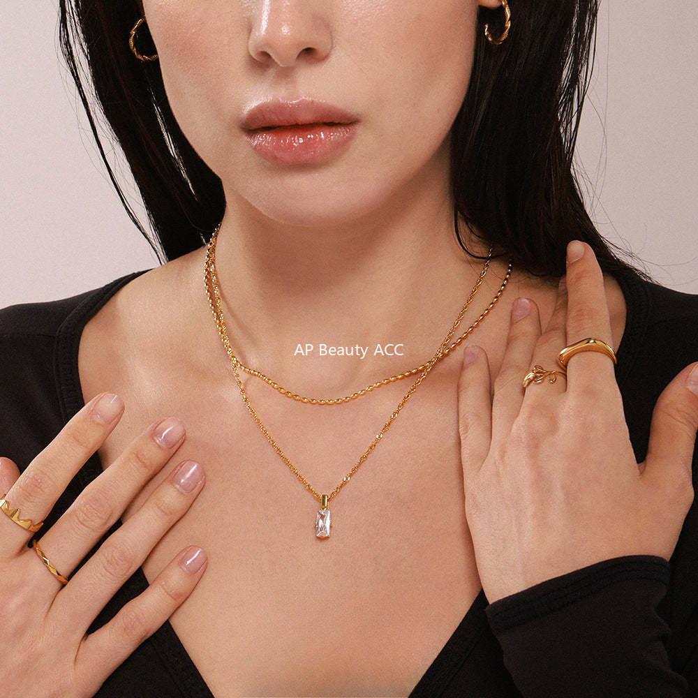 D관 - 18K PVD 도금 직사각 큐빅 레이어드 스테인리스 스틸 목걸이 [P516-P518] 25.03-2
