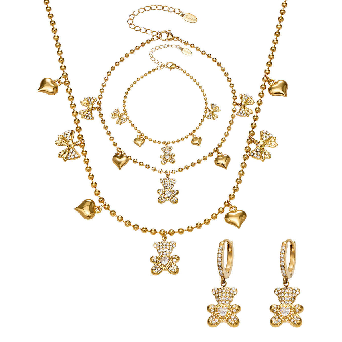 D관 - 스테인리스 스틸 곰 리본 하트 풀큐빅 펜던트 목걸이 팔찌 귀걸이 [TXP500] 25.11-4