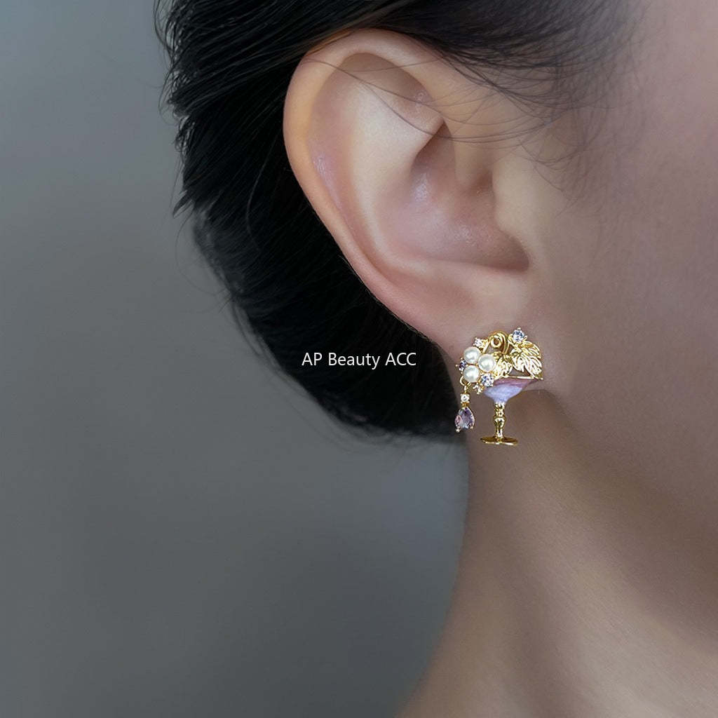 C관 - 큐빅 진주 핸드페인팅 와인잔 디자인 925 은침 귀걸이 [6831] 25.09-4