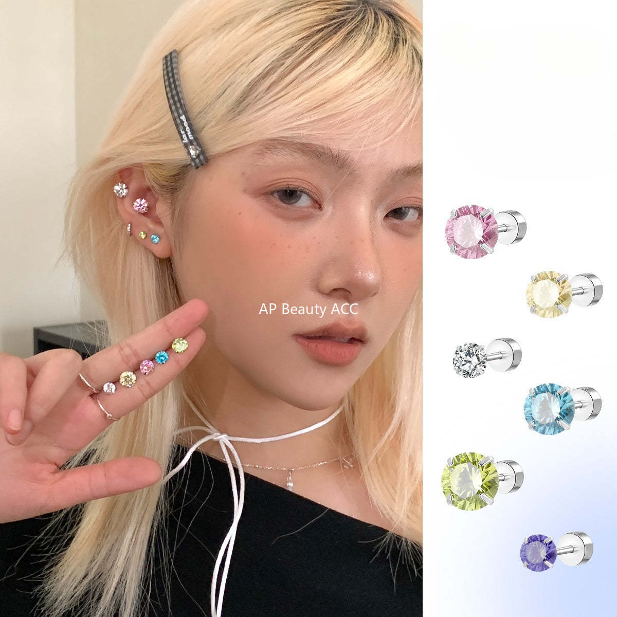 A관 - 티타늄 스틸 심플 화이트 큐빅 귀걸이 [EH-4085] 25.10-4