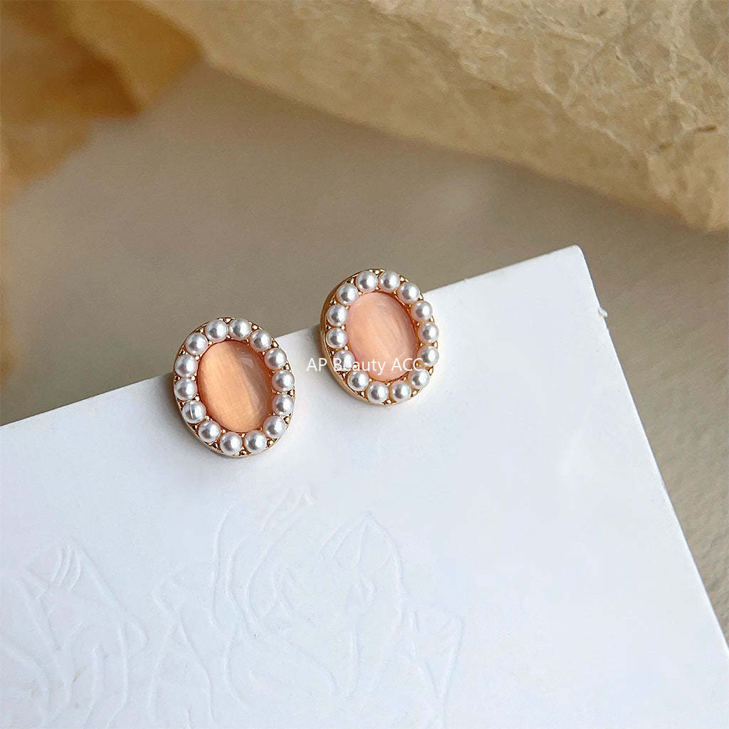 C관 - 글라스 묘안석 타원형 기하학 프렌치 복고풍 14K 도금 귀걸이 [4507] 24.07-2