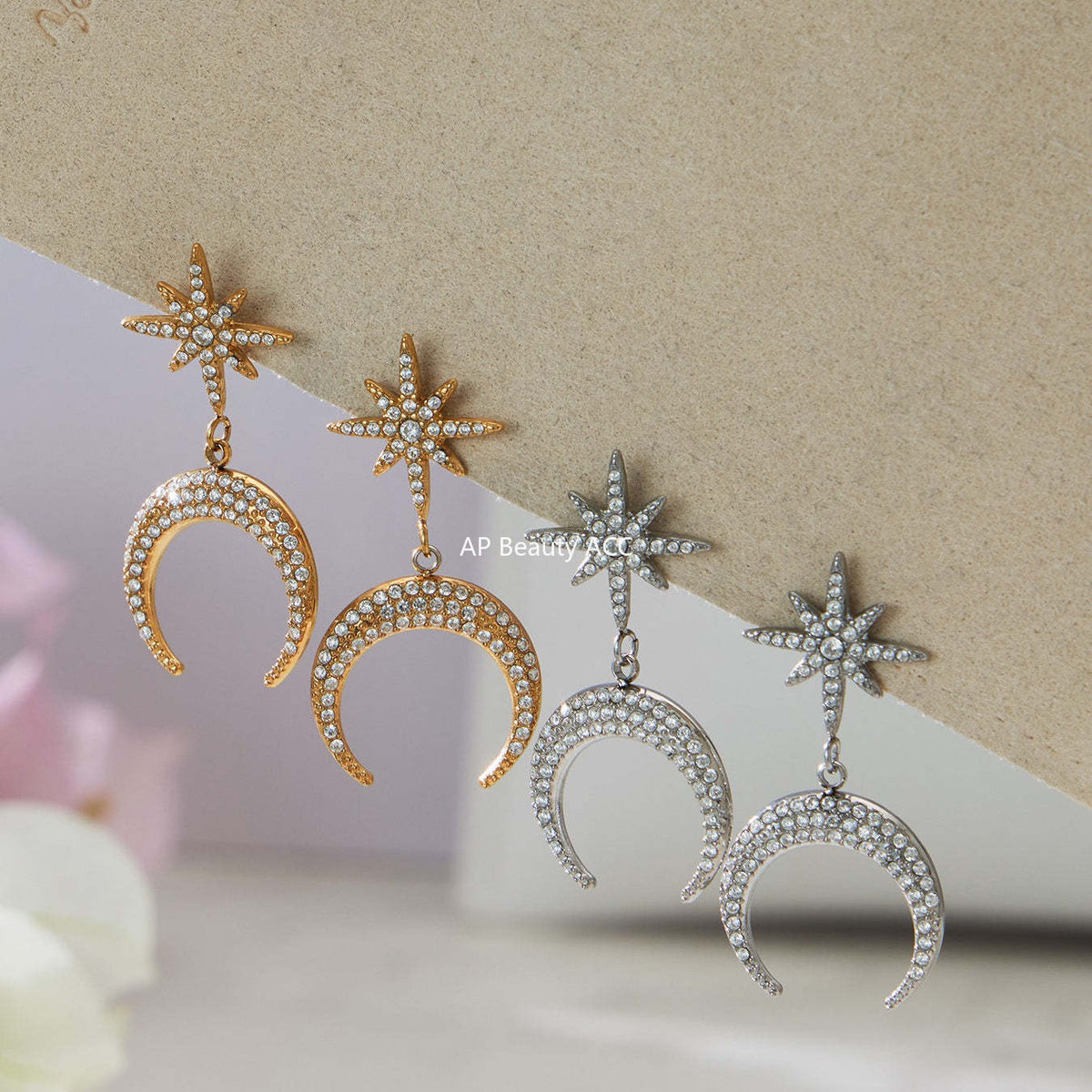 D관 - 스테인리스 스틸 팔각별 초승달 큐빅 펜던트 귀걸이 목걸이 [TXP485] 25.11-4